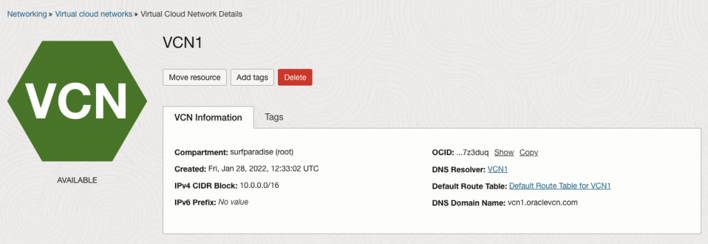 A screenshot of the Virtual Cloud Network Details page in the Oracle Cloud Console, showing the VCN information.