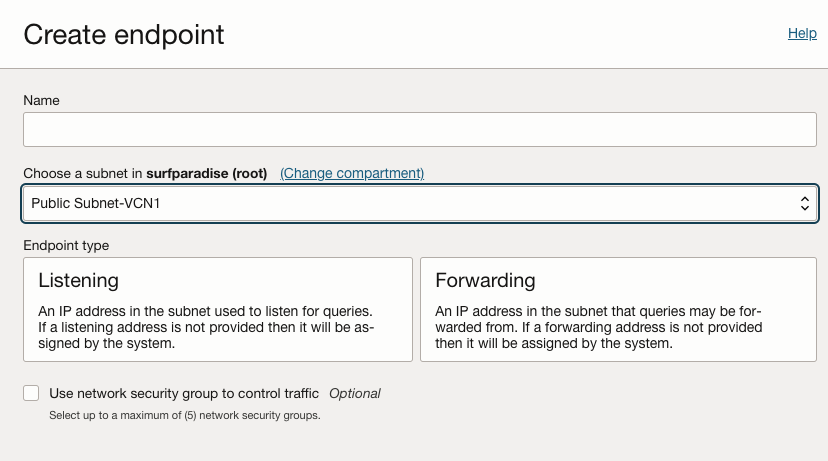 A screenshot of the Create Endpoint window with a public subnet.